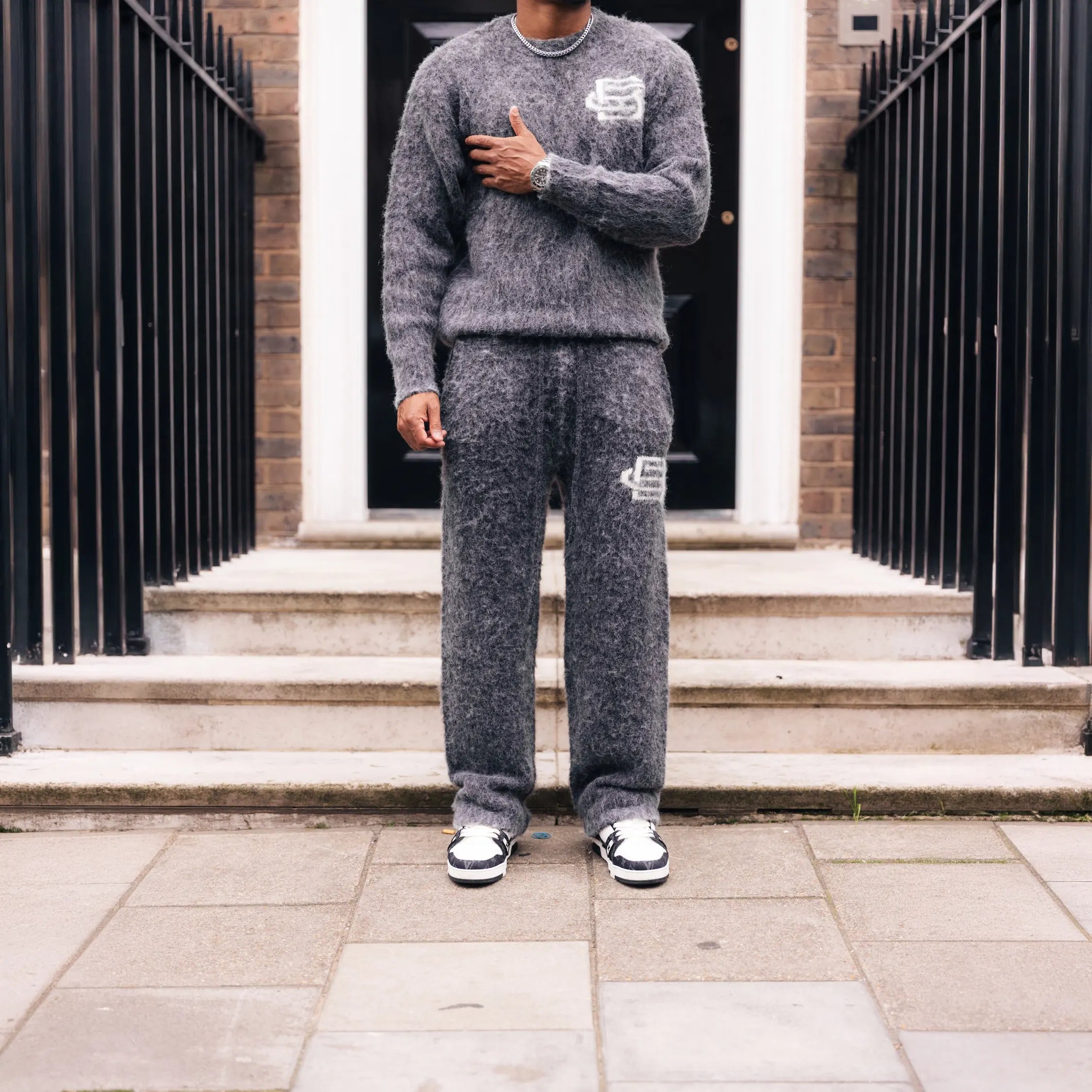 Front View of Bénir Clothing Mohair Knit BC Charcoal Sweatpants MOJOGCHAR